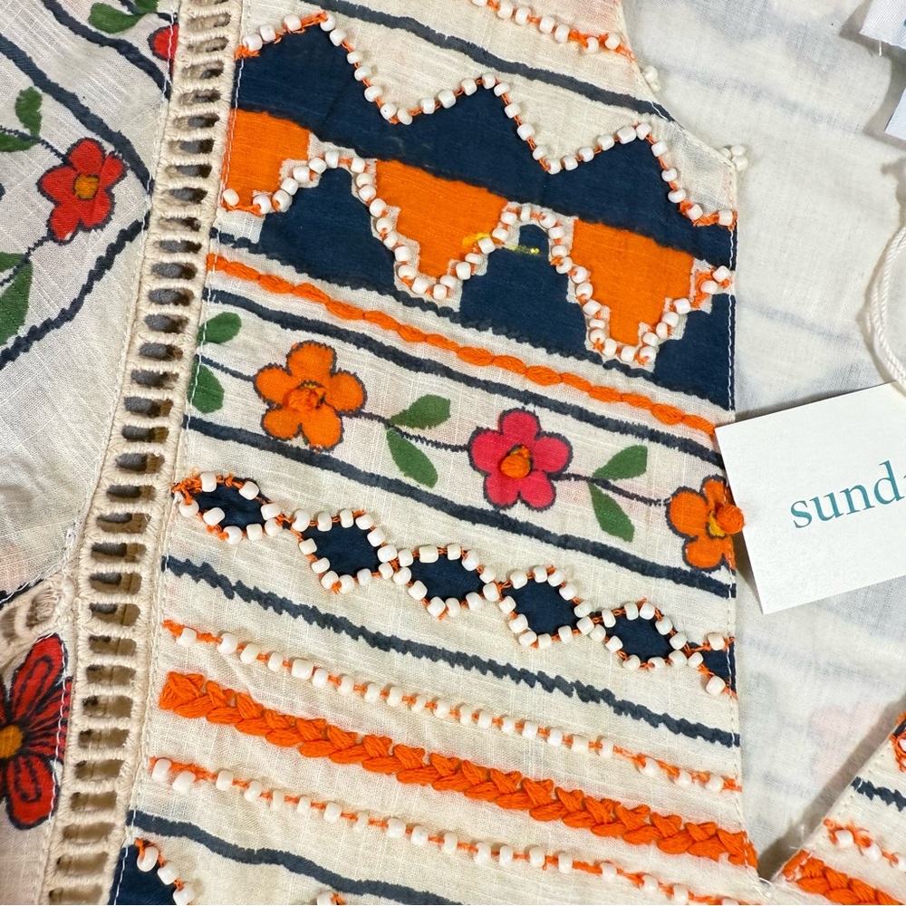 Sundance Zariah Orange Blue Cream Beaded Floral Print Blouse - Picture 12 of 16